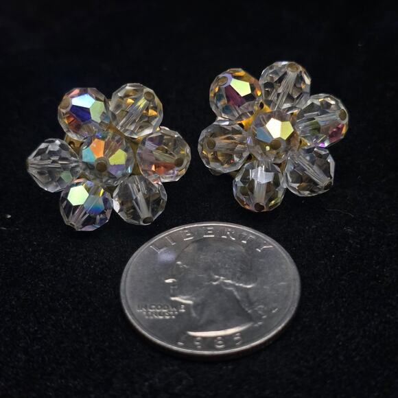 Aurora Borealis AB Glass Flower Clip On Earrings Vintage Jewelry - Picture 4 of 6